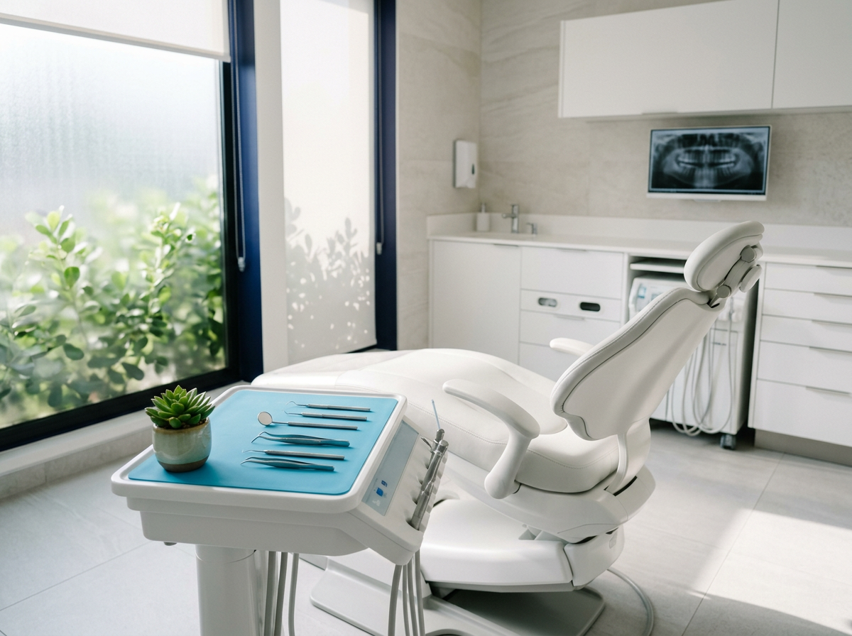 Světlá ordinace Dentima s připraveným zubním křeslem